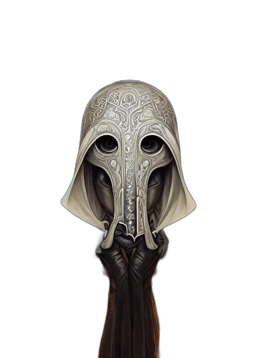 mask, staff, sword, weapon, concept art, fantasy art, symmetry, portrait transparent PNG cut-out