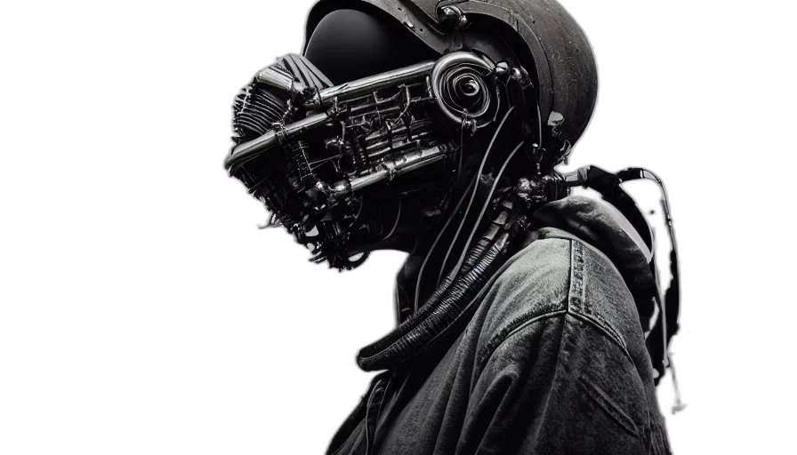 mask, robot, jacket, face, cyberpunk, concept art, photorealistic, comic book art transparent PNG cut-out