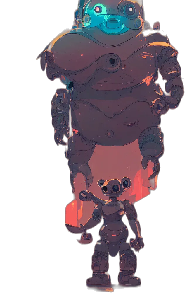 robot, creature, mask, staff, concept art, cyberpunk, fantasy art, watercolor transparent PNG cut-out