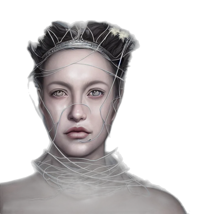 crown, face, hair, creature, concept art, cyberpunk, 3d render, photorealistic transparent PNG cut-out