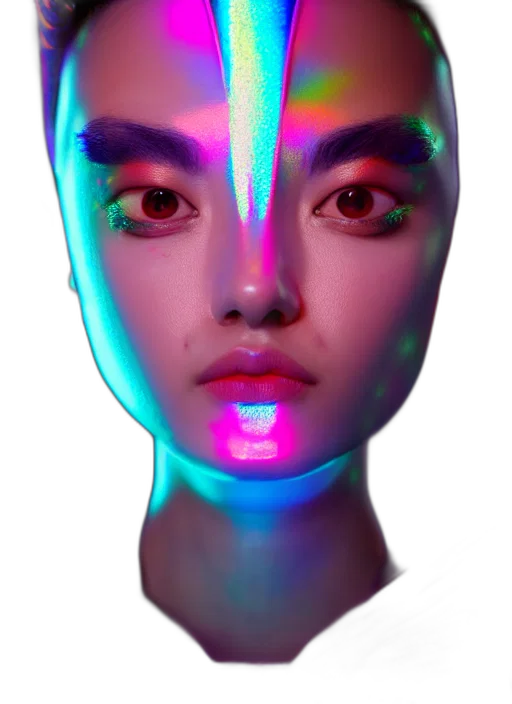 face, mask, robot, creature, cyberpunk, vaporwave, 3d render, photorealistic transparent PNG cut-out
