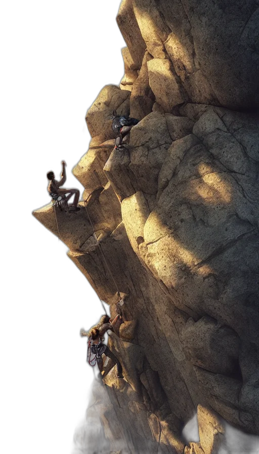 concept art, 3d render, photorealistic, fantasy art, fire, sunset, rock, climbers transparent PNG cut-out