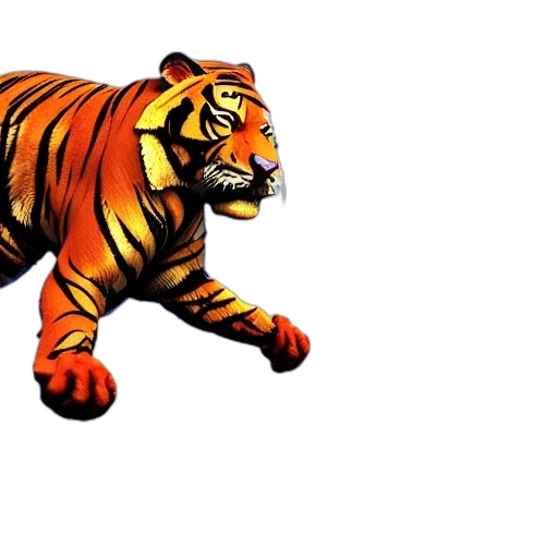 animal, 3d render, concept art, pixel art, photorealistic, tiger, fire, flying transparent PNG cut-out