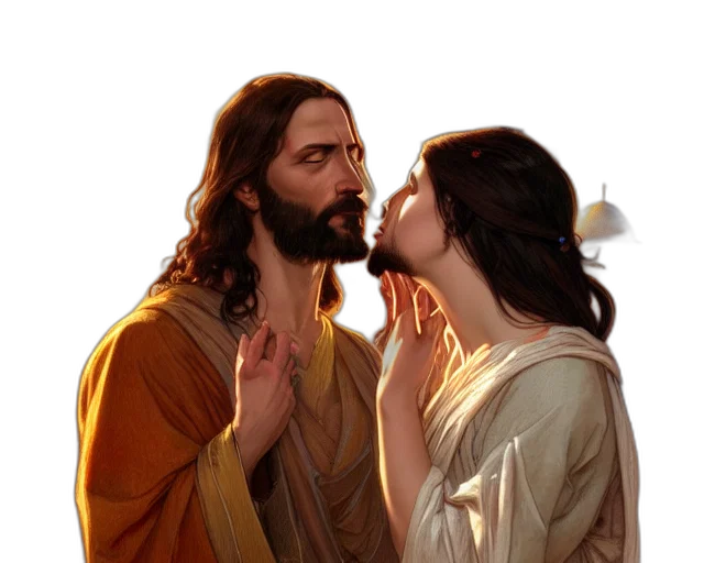 photorealistic, photography, jesus, kissing, prostitute, jerusalem, deep, focus transparent PNG cut-out