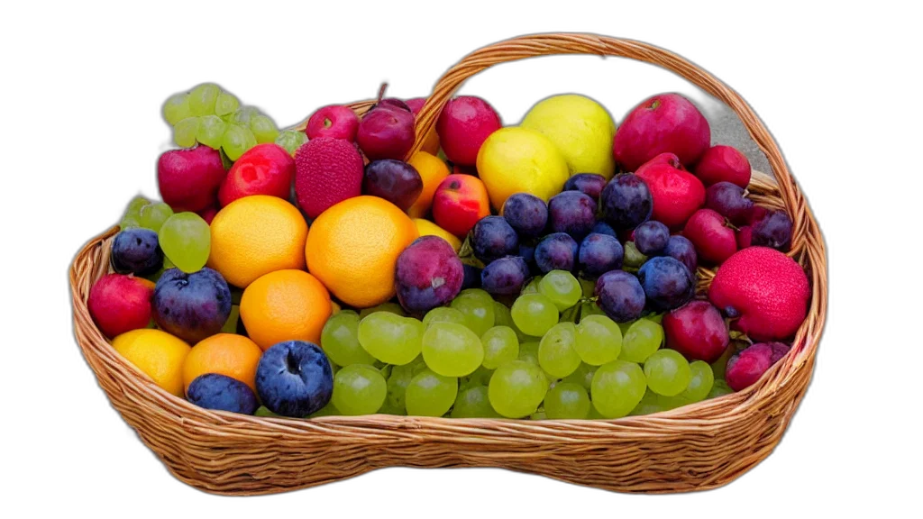food, photorealistic, colorful, neon, pastel, basket, fruites, aperture transparent PNG cut-out