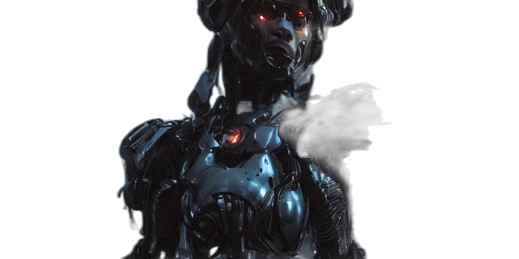 robot, face, weapon, concept art, cyberpunk, 3d render, comic book art, sci transparent PNG cut-out