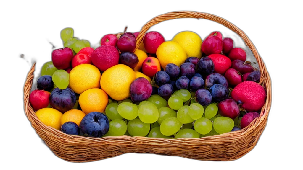 food, photorealistic, colorful, neon, pastel, basket, fruites, aperture transparent PNG cut-out