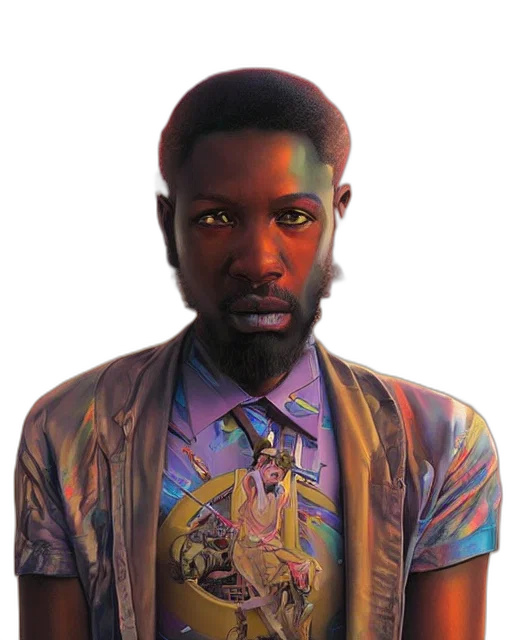 jacket, face, staff, concept art, photorealistic, comic book art, dark, colorful transparent PNG cut-out