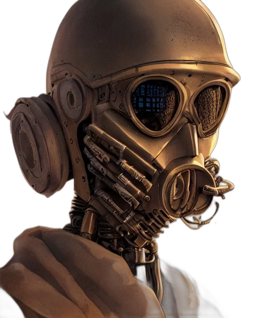 robot, mask, face, cyberpunk, concept art, 3d render, comic book art, golden transparent PNG cut-out