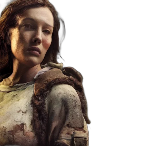 concept art, earth tones, fallout, charismatic, beautiful, rugged, female, scavenger transparent PNG cut-out
