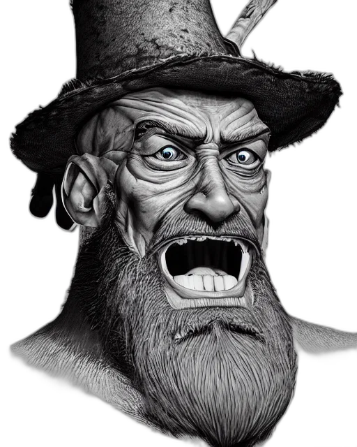 face, hat, staff, photorealistic, comic book art, cartoon, pencil sketch, highly transparent PNG cut-out