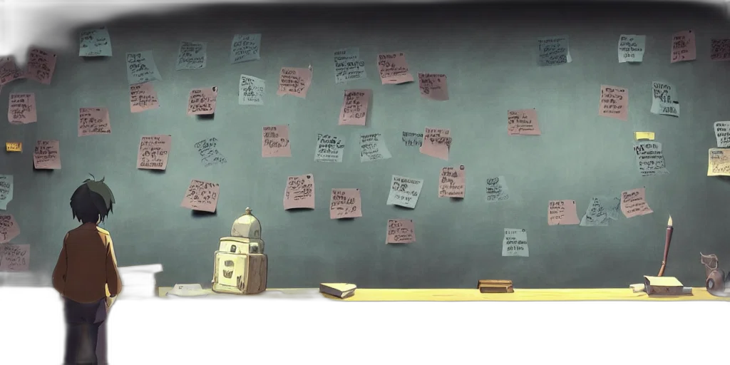 concept art, wholesome, animation, key, shot, wall, full, notes transparent PNG cut-out