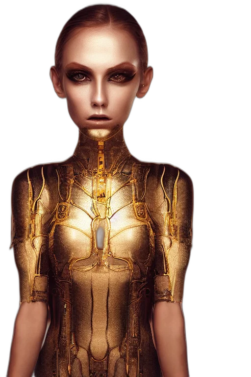 jewelry, robot, dress, concept art, fantasy art, cyberpunk, photorealistic, golden transparent PNG cut-out