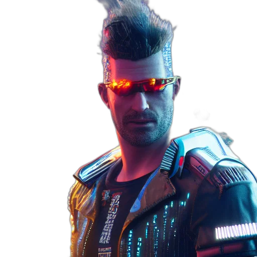 jacket, staff, hair, face, cyberpunk, concept art, 3d render, vaporwave transparent PNG cut-out