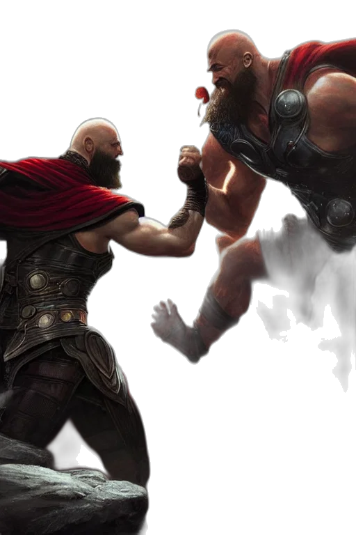concept art, comic book art, fantasy art, kratos, fighting, thor, highly, detailed transparent PNG cut-out