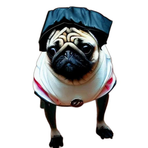 animal, creature, jacket, face, photorealistic, 3d render, concept art, pug transparent PNG cut-out