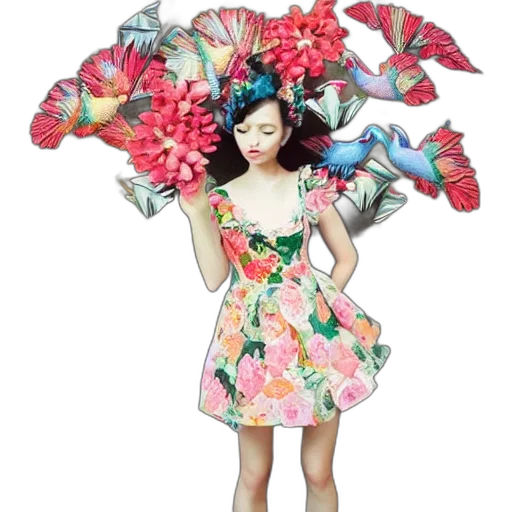 dress, flower, hat, photorealistic, 3d render, concept art, fantasy art, colorful transparent PNG cut-out