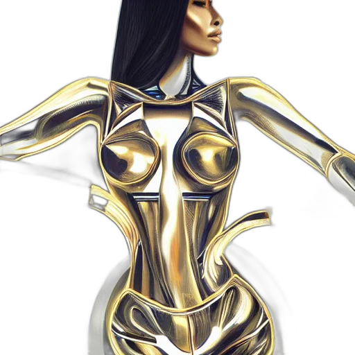 dress, jewelry, robot, 3d render, fantasy art, concept art, comic book art, golden transparent PNG cut-out