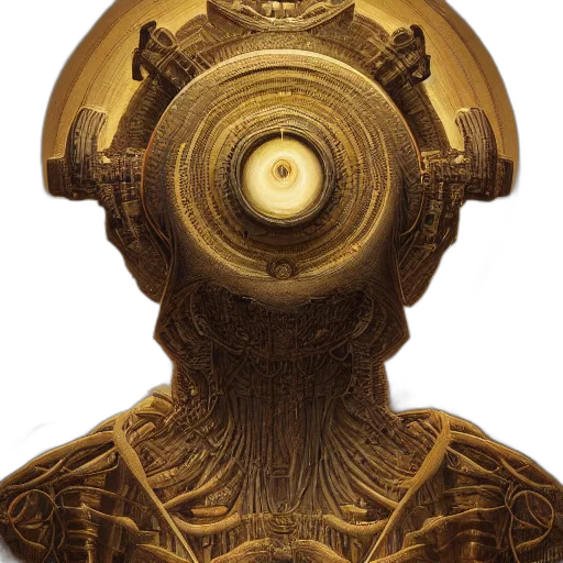 mask, crown, face, robot, concept art, 3d render, photorealistic, golden transparent PNG cut-out
