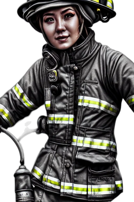jacket, staff, photorealistic, comic book art, concept art, 3d render, firefighter, fantasy transparent PNG cut-out