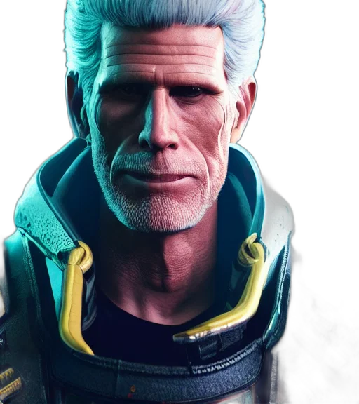 jacket, face, cyberpunk, 3d render, concept art, photorealistic, blue, charismatic transparent PNG cut-out