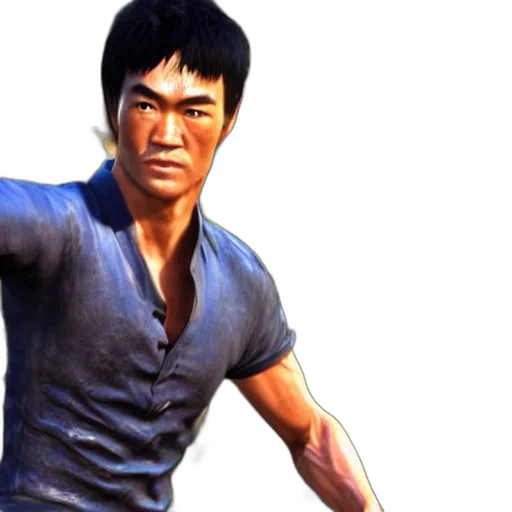 photorealistic, 3d render, concept art, screenshot, bruce, lee, uncharted, rendering transparent PNG cut-out