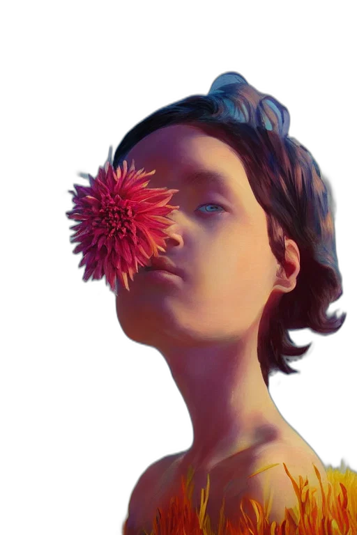 flower, face, crown, hair, photorealistic, concept art, oil painting, 3d render transparent PNG cut-out