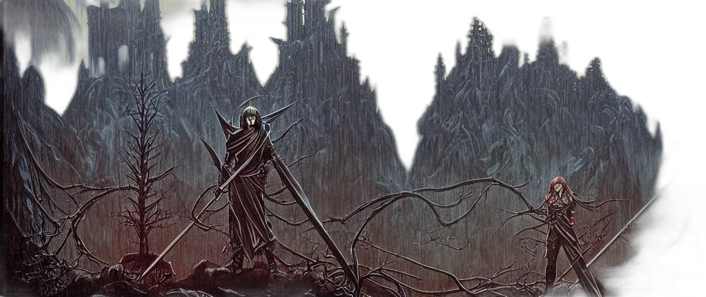 sword, staff, creature, concept art, fantasy art, comic book art, fog, forest transparent PNG cut-out
