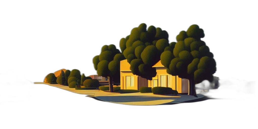building, 3d render, concept art, photorealistic, cartoon, city street, forest, sunset transparent PNG cut-out