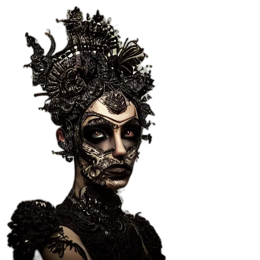 mask, crown, face, staff, concept art, fantasy art, photorealistic, dark transparent PNG cut-out