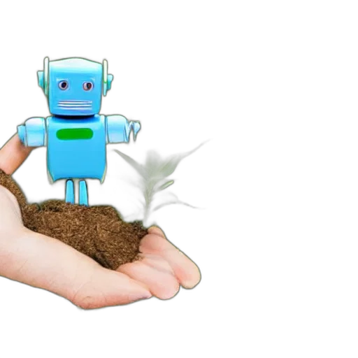robot, 3d render, his, hands, holding, small, piece, land transparent PNG cut-out