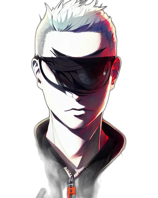 mask, jacket, staff, face, cyberpunk, anime, cartoon, comic book art transparent PNG cut-out