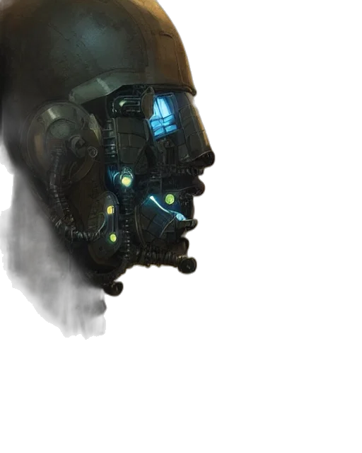 robot, mask, face, weapon, cyberpunk, concept art, 3d render, photorealistic transparent PNG cut-out