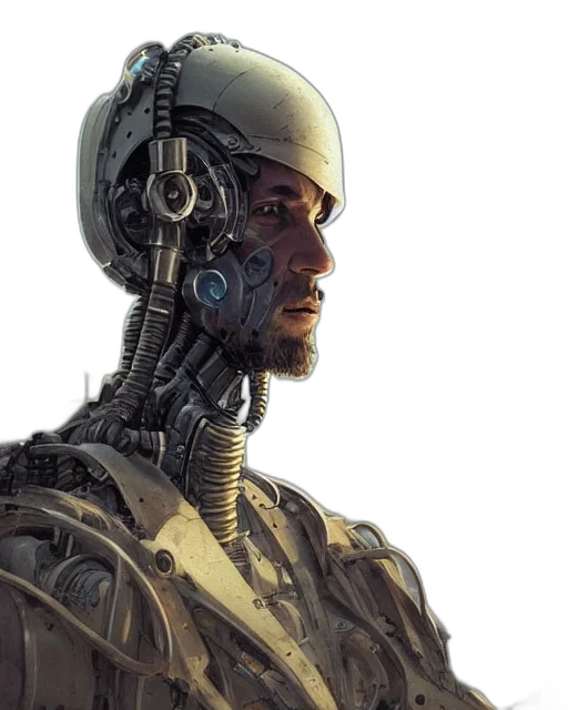 robot, cyberpunk, concept art, comic book art, 3d render, rugged, engineer, man transparent PNG cut-out