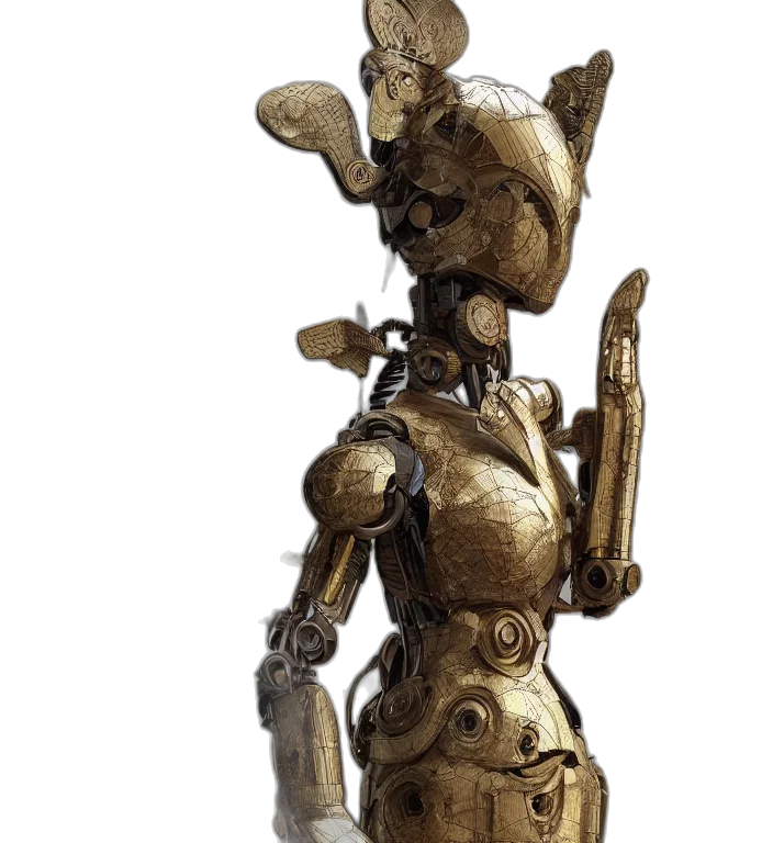 robot, staff, sword, jewelry, concept art, 3d render, fantasy art, golden transparent PNG cut-out