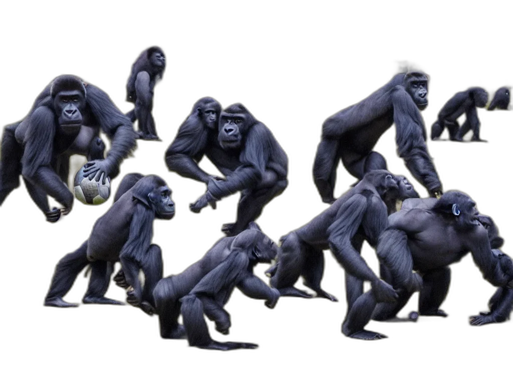 animal, concept art, 3d render, gorillas, playing, soccer, stadium, full transparent PNG cut-out