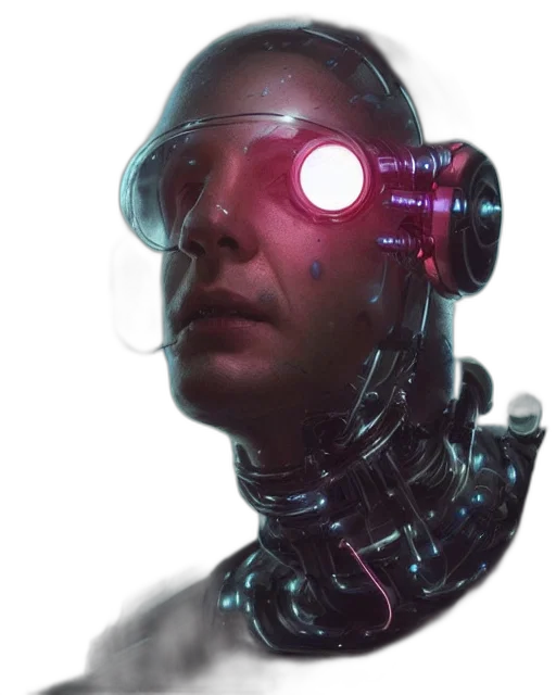 robot, face, mask, staff, cyberpunk, concept art, comic book art, vaporwave transparent PNG cut-out