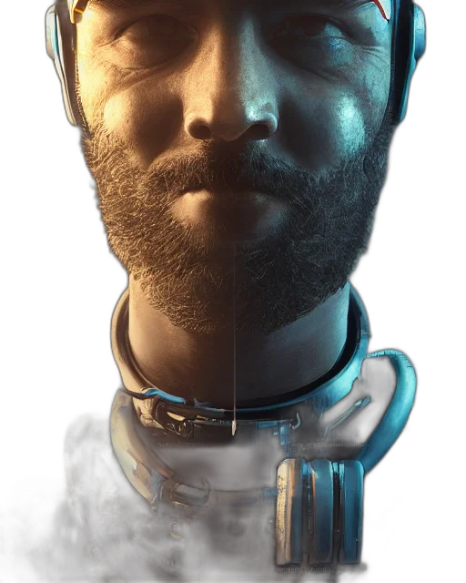 robot, face, mask, staff, concept art, 3d render, cyberpunk, photorealistic transparent PNG cut-out