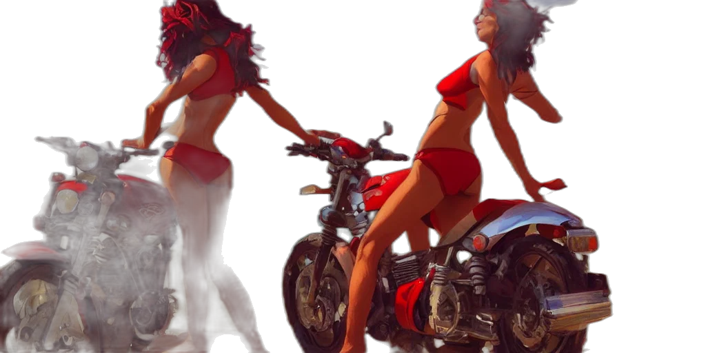 concept art, 3d render, photorealistic, comic book art, red, women, bikini, motorcycle transparent PNG cut-out