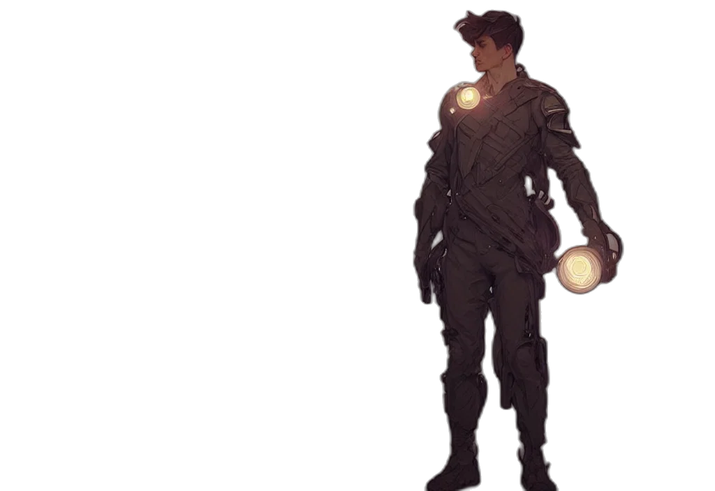 robot, staff, jacket, weapon, concept art, comic book art, 3d render, pixel art transparent PNG cut-out