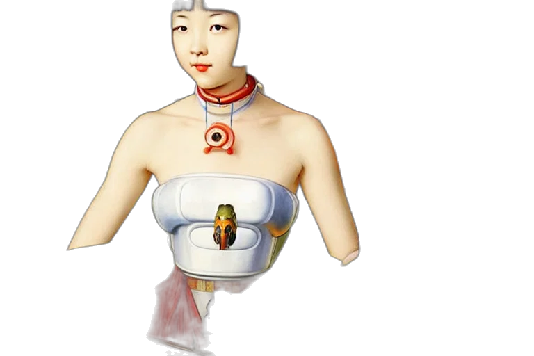jewelry, robot, dress, mask, 3d render, concept art, photorealistic, portrait transparent PNG cut-out