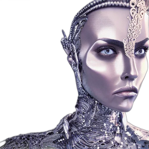 robot, face, jewelry, cyberpunk, 3d render, concept art, photorealistic, queen transparent PNG cut-out