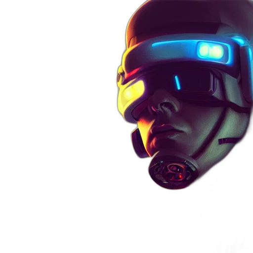 robot, mask, face, weapon, cyberpunk, concept art, 3d render, vaporwave transparent PNG cut-out