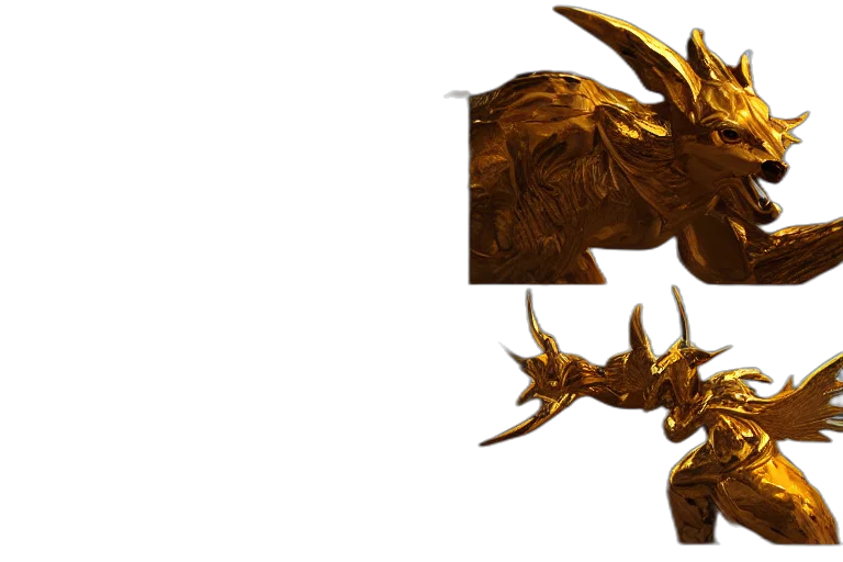 dragon, weapon, mask, crown, concept art, fantasy art, 3d render, golden transparent PNG cut-out