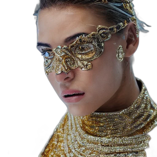 jewelry, mask, crown, face, cyberpunk, photorealistic, 3d render, golden transparent PNG cut-out