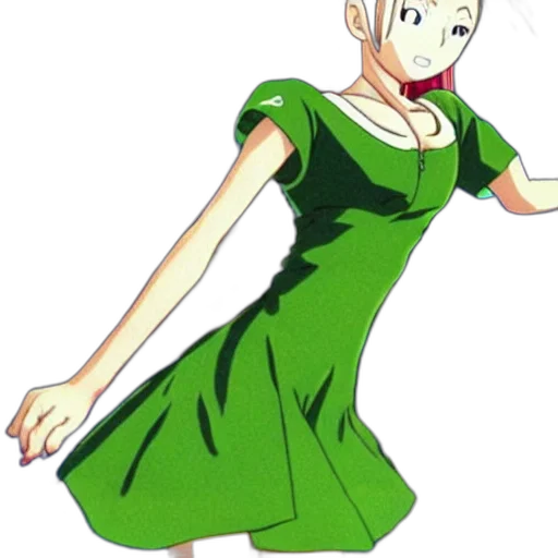 dress, staff, anime, cartoon, concept art, 3d render, green, girl transparent PNG cut-out