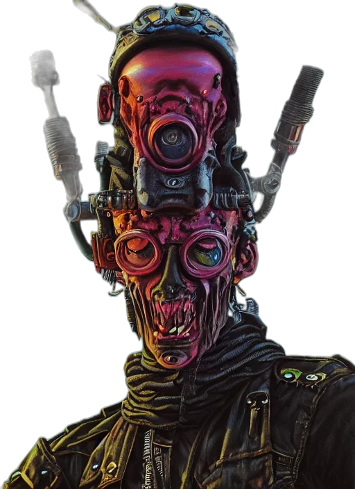 robot, mask, face, weapon, cyberpunk, concept art, comic book art, 3d render transparent PNG cut-out