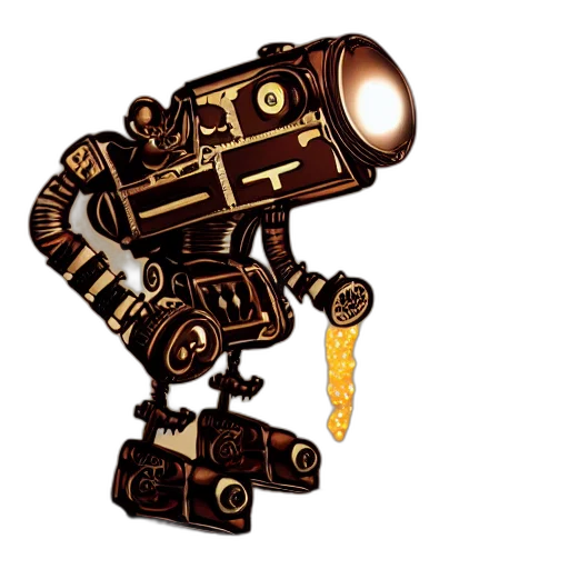 robot, staff, weapon, concept art, 3d render, pixel art, cartoon, golden transparent PNG cut-out