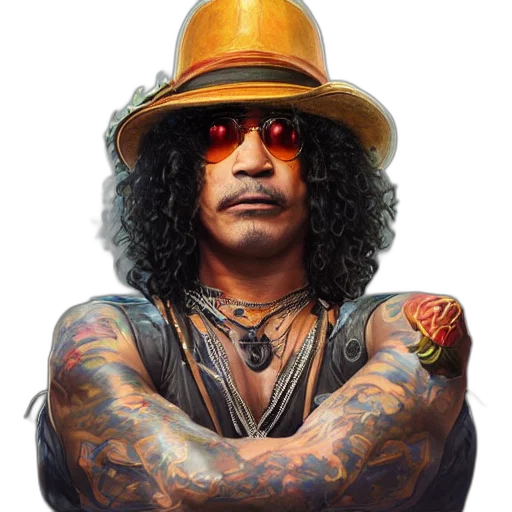 hat, photorealistic, cartoon, slash, portrait, guns, roses, intricate transparent PNG cut-out