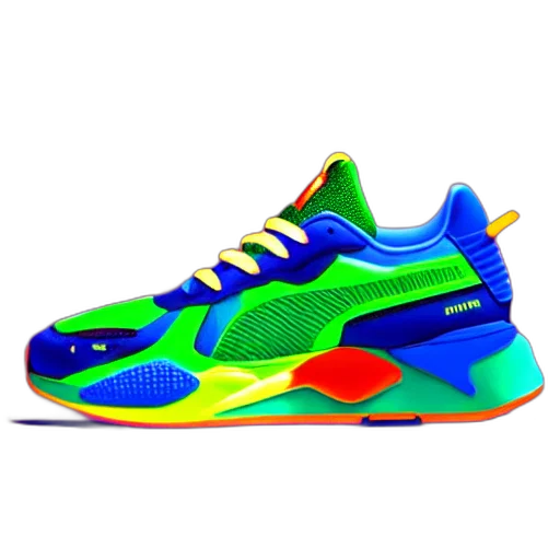 shoes, 3d render, photorealistic, vaporwave, neon, colorful, puma, sneakers transparent PNG cut-out